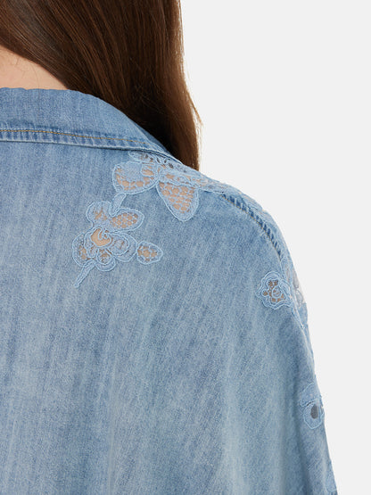 Çiçekli Dantel Panel Denim Gömlek