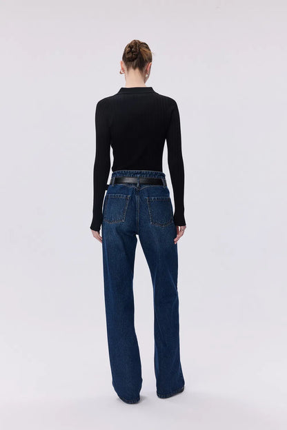 Crisp Removable Belt Straight Jeans in Washed Cotton Denim