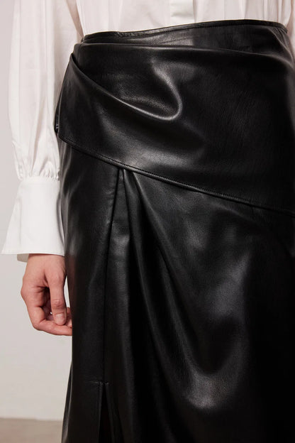 Leona Pleated Slit Skirt in Vegan Leather