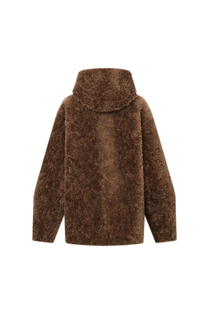 Clémence Shearling Hooded Coat in Vegan Leather and Wool Blend