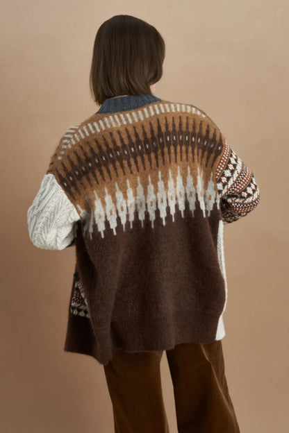 Faye Fair Isle Mixed Yarn Cardigan in Chunky Merino Wool Knit