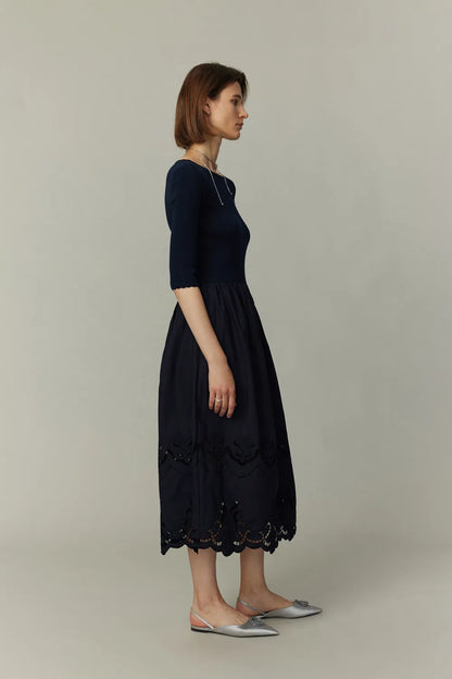 Mira Patchwork Dress in Silk Cotton Knit and Cotton Poplin