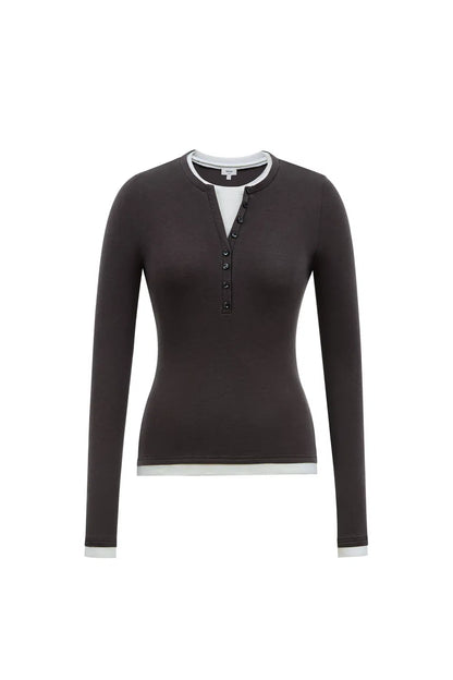 Henley Layered Long Sleeve Top in Tencel-Wool Knit