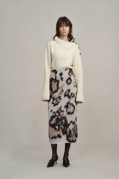 Nora Leopard Print Midi Skirt in Baby Alpaca Blend Knit