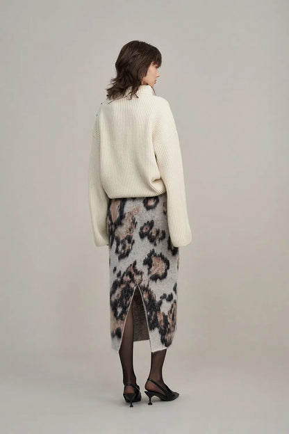 Nora Leopard Print Midi Skirt in Baby Alpaca Blend Knit