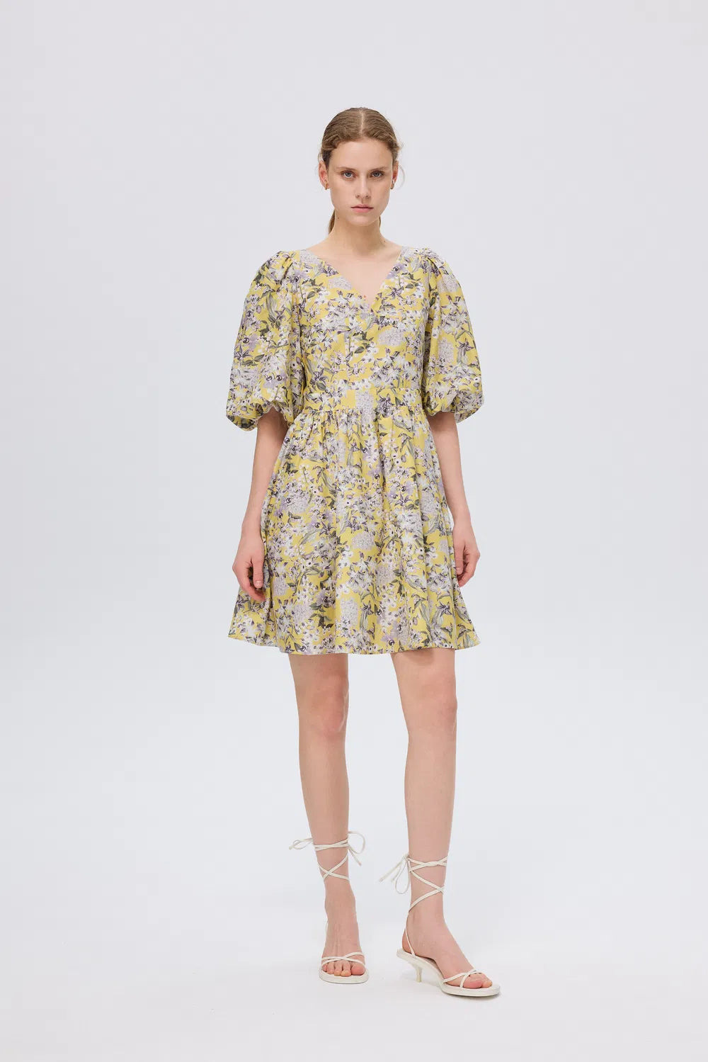 Hyacinth Flora Print Puff Sleeve Dress in Mulberry Silk Blend