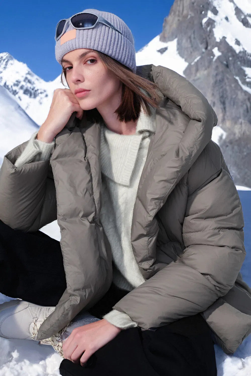 Iliana Gray Belted Hooded White Duck Down Jacket in Ultra Light Fabric