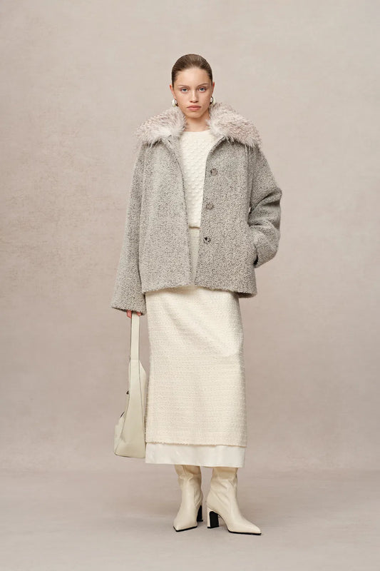 Blossom Detachable Fur Collar Coat in Ultra-Light Alpaca Bouclé