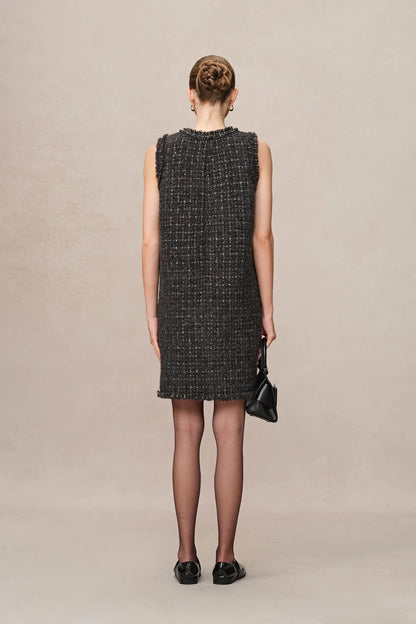 Althea Hand Applied Fringe Floral Dress in Wool Tweed with Metallic Threads