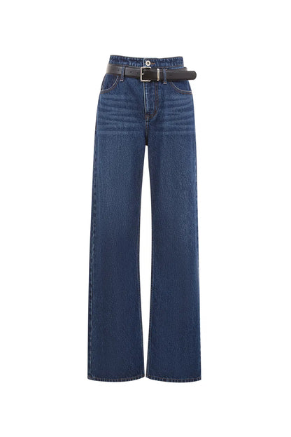 Crisp Removable Belt Straight Jeans in Washed Cotton Denim