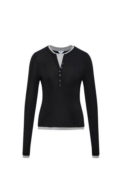 Henley Layered Long Sleeve Top in Tencel-Wool Knit