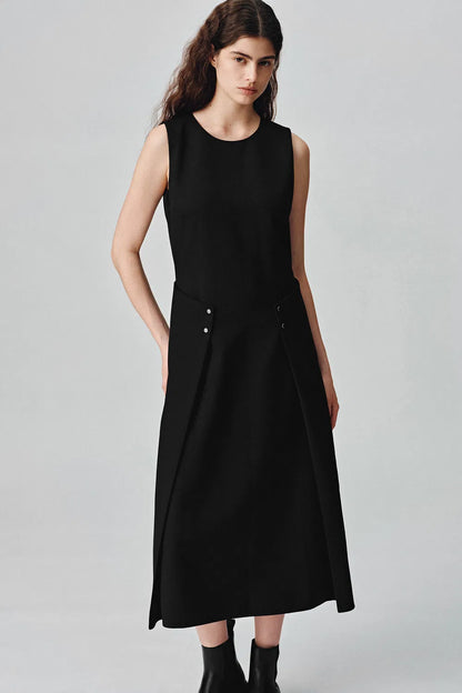 Zaha Pleated A-Line Midi Dress in Wool Blend