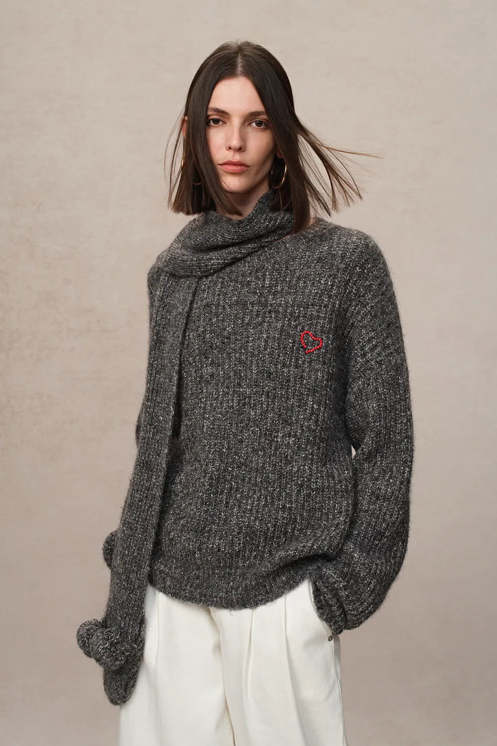 Eira Turtleneck Sweater with Scarf in Heathered Chunky Merino Wool Knit