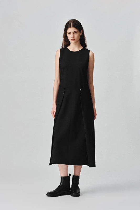 Zaha Pleated A-Line Midi Dress in Wool Blend