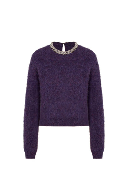 Violet Hand Sewn Crystal Stand Collar Sweater in Alpaca-Mohair Knit