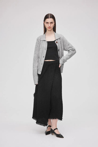 Edy Fringed Midi Skirt in Lightweight Tweed