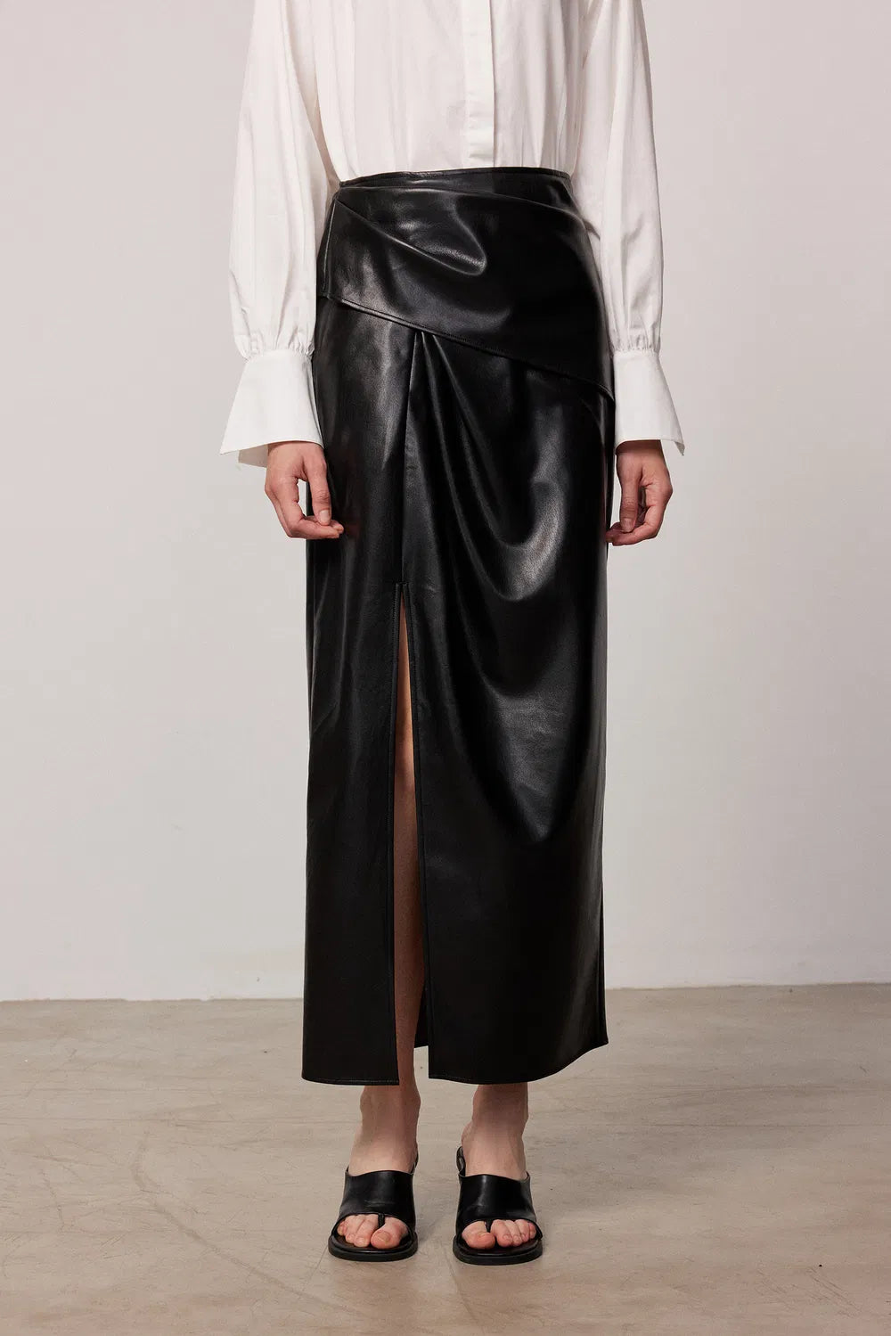 Leona Pleated Slit Skirt in Vegan Leather