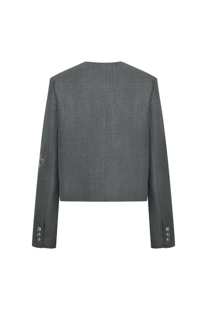 Beading Wrinkle Resistant Embroidered Boxy Tailored Jacket in Fine Worsted Wool