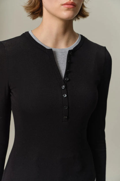 Henley Layered Long Sleeve Top in Tencel-Wool Knit