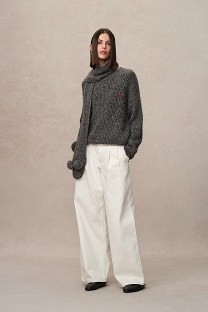 Eira Turtleneck Sweater with Scarf in Heathered Chunky Merino Wool Knit