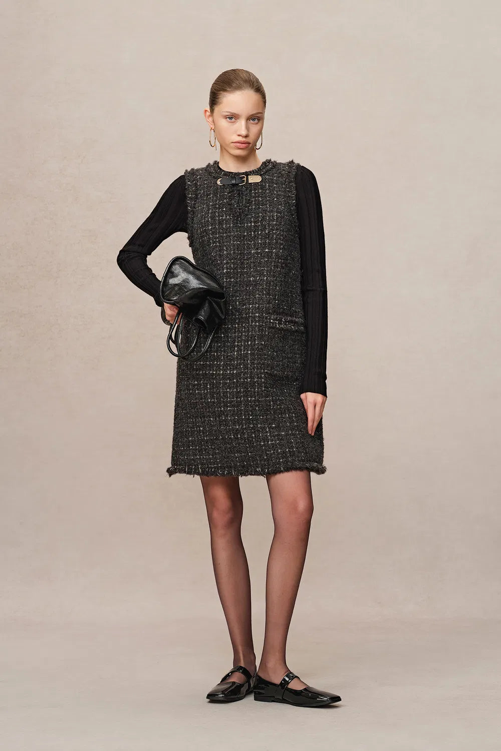 Althea Hand Applied Fringe Floral Dress in Wool Tweed with Metallic Threads