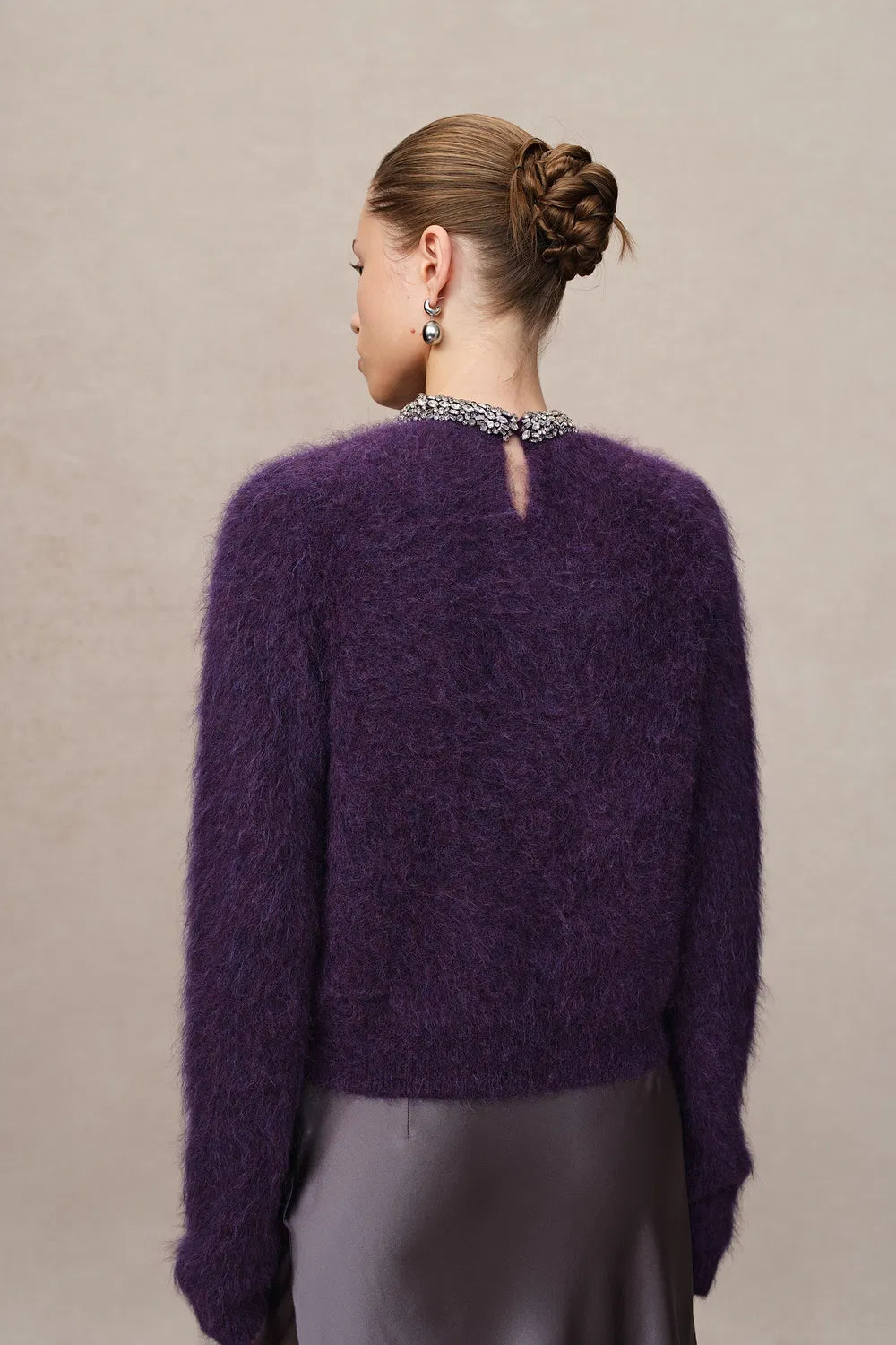 Violet Hand Sewn Crystal Stand Collar Sweater in Alpaca-Mohair Knit