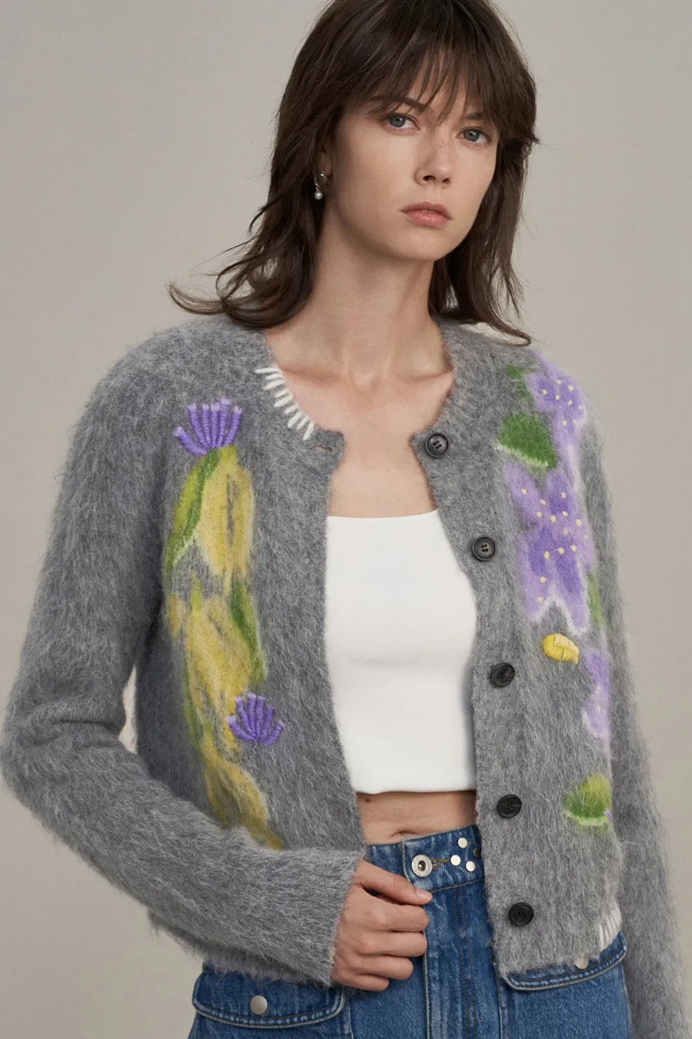 Cymbidium Hand Embroidered Cardigan in Alpaca Blend Knit