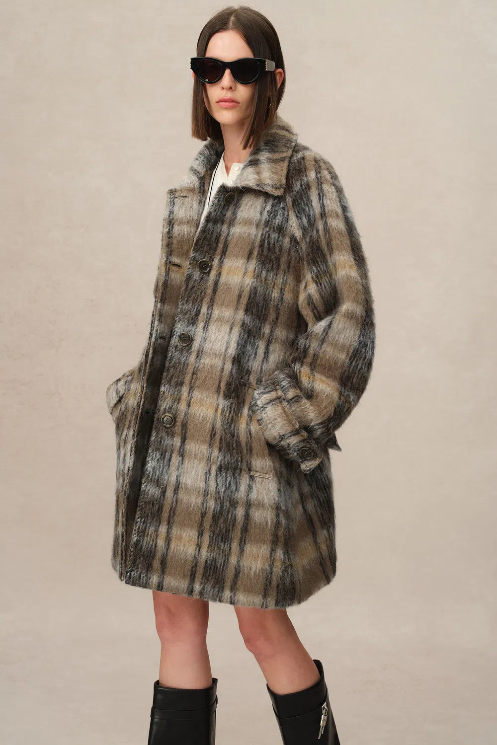 Mavis Plaid Coat in Brushed Single-Face Wool