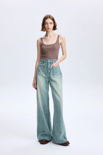 Cheer Patch Pocket Wide Leg Jeans in Washed Cotton Denim