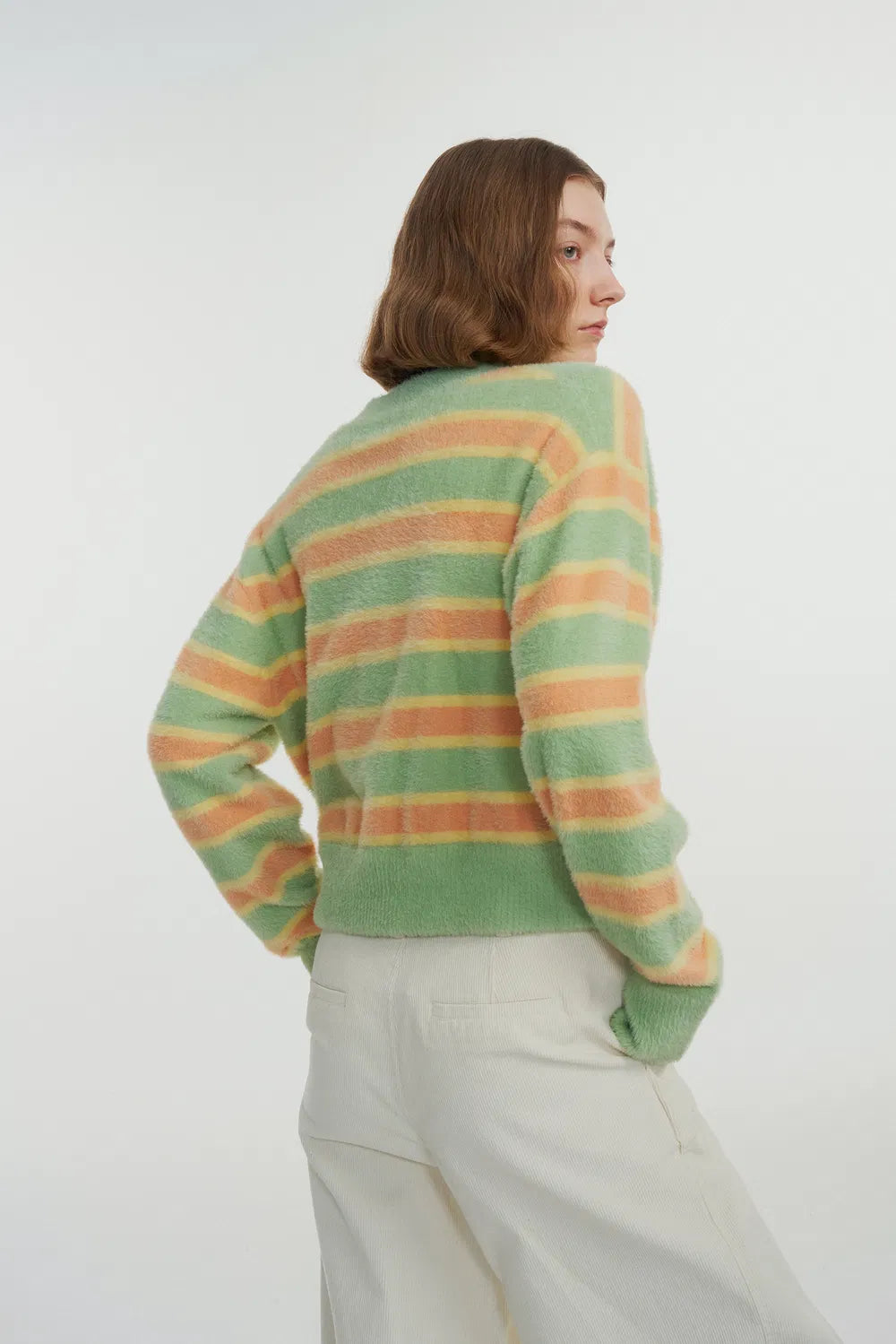 Emma Striped Cropped Cardigan in Faux Mink Yarn