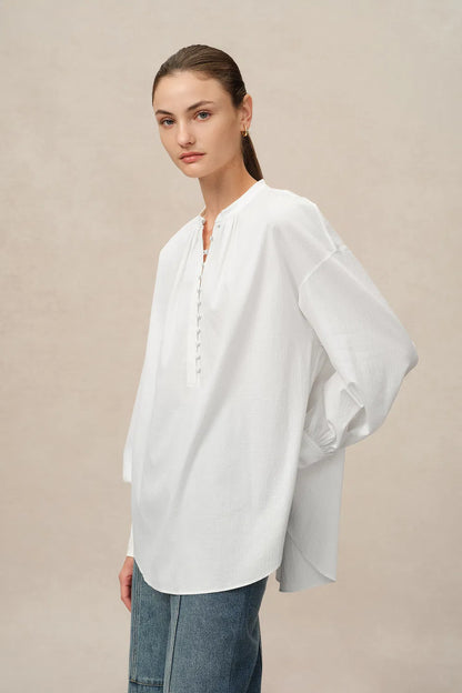 Lila Stand Collar Blouse in Tencel-Cotton