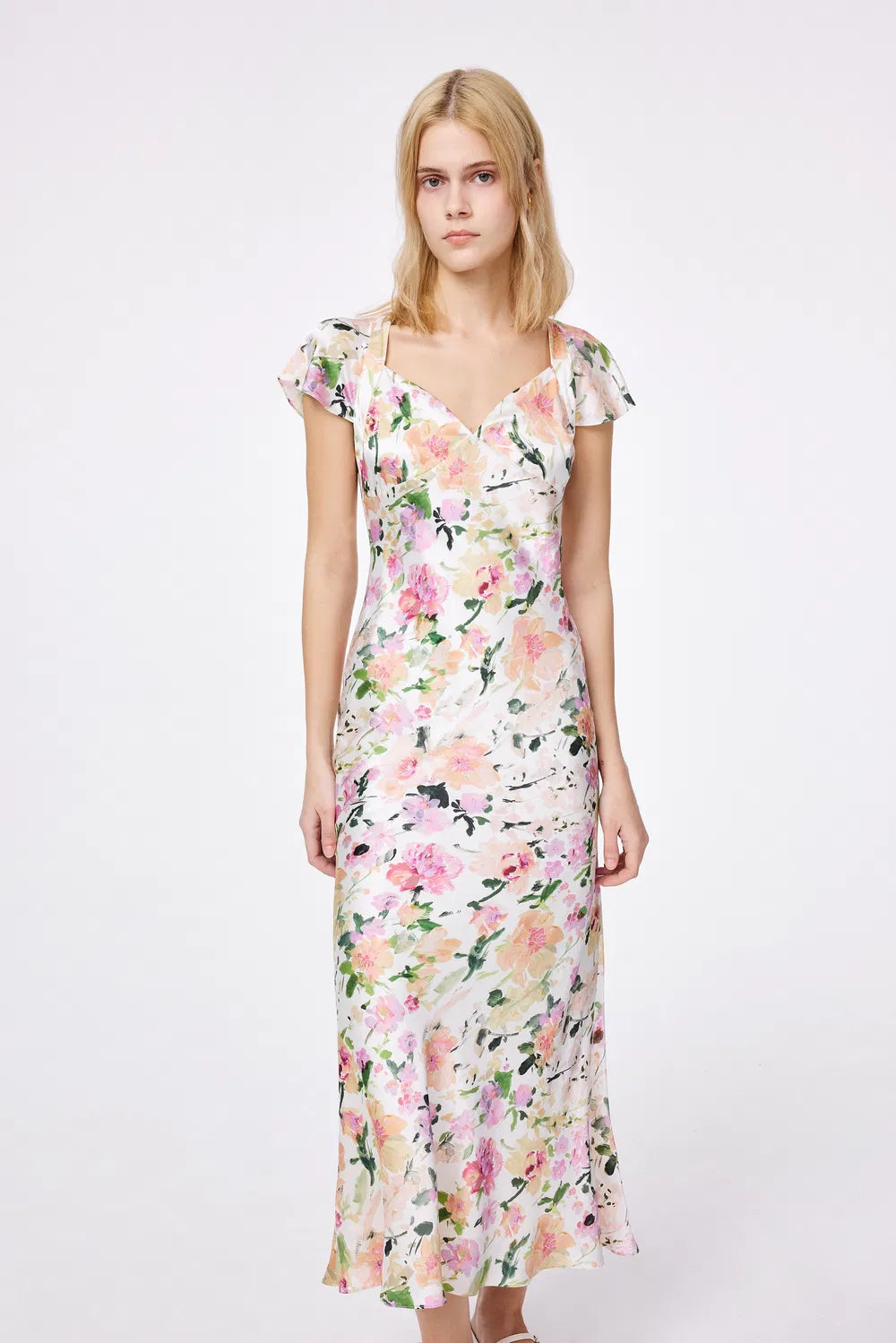 Corrine Flutter Sleeves Dress in Silk Viscose