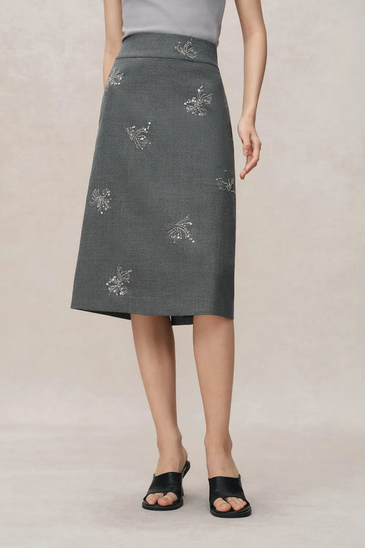 Beading Wrinkle Resistant Embroidered Skirt in Fine Worsted Wool