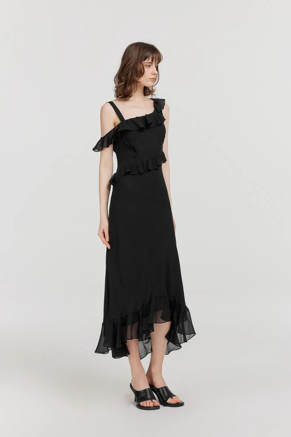 Calla Asymmetrical Ruffle Dress in Georgette Silk