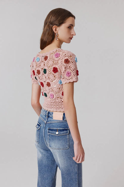 Alice Handcrafted Crochet Flower Knit Top in Cotton