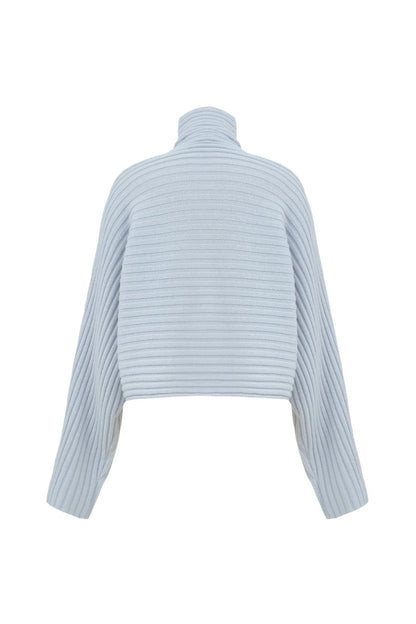 Charlotte Blue Turtleneck Cardigan in Merino Wool-Cashmere Rib Knit