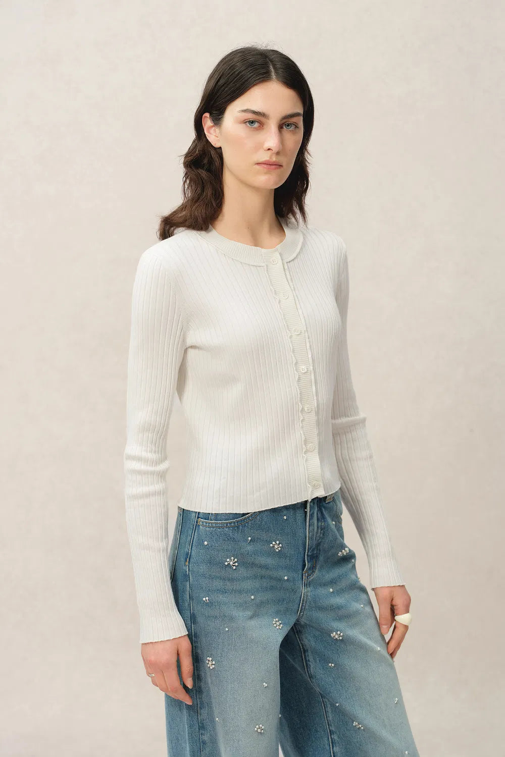 Niki White Cardigan in Lyocell-Triacetate Knit