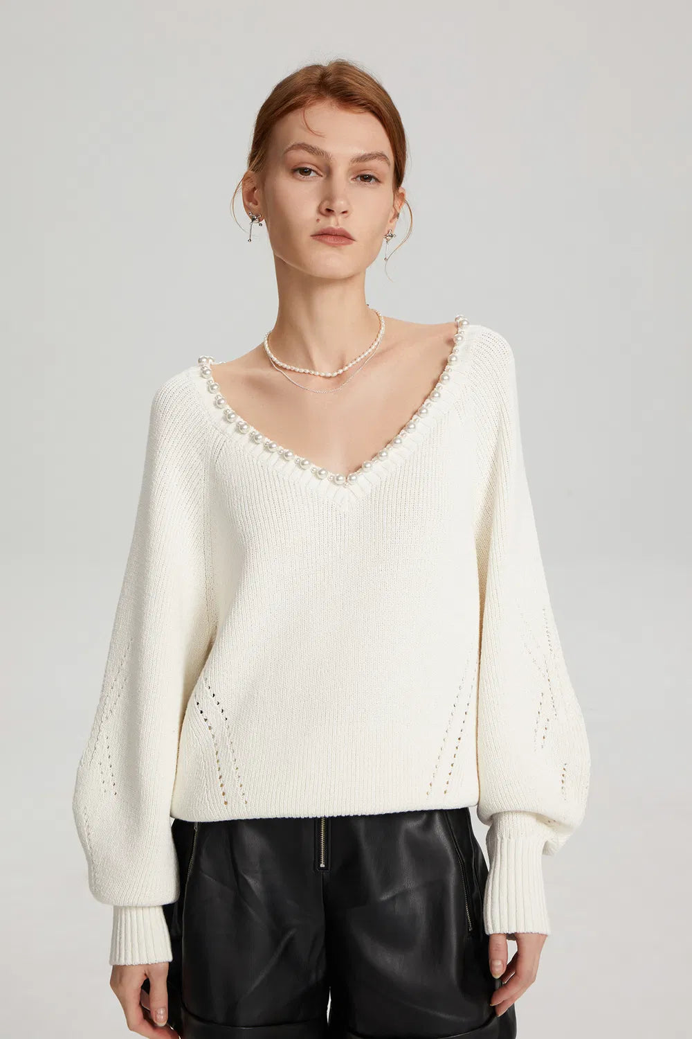 Cassidy Pearl-Embellished Knit Sweater in Cotton Blend