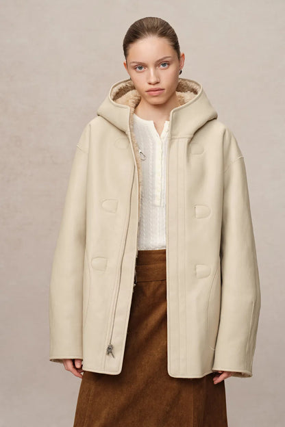 Clémence Semi Oversized Hooded Sherpa Short Coat in Wool Blend