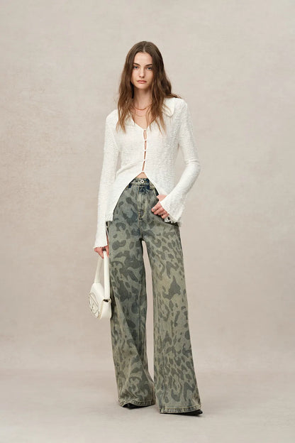 Leopix Leopard Print Wide Leg Jeans In Washed Cotton Denim