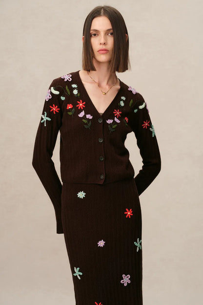 Christabel Floral Fitted Cardigan in Merino Wool Knit