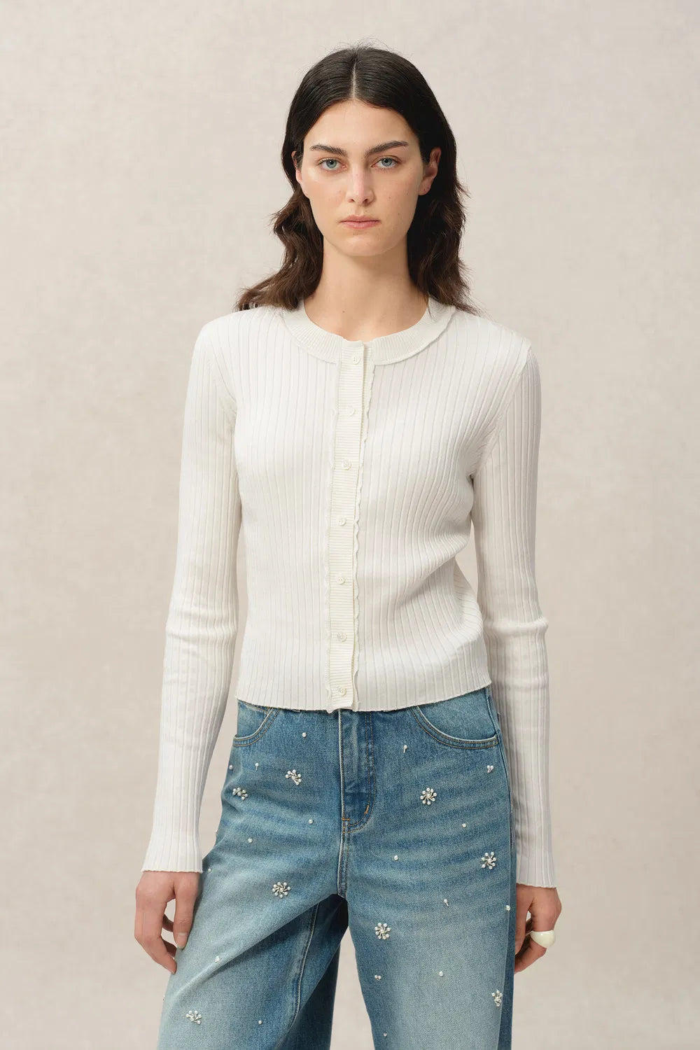 Niki White Cardigan in Lyocell-Triacetate Knit