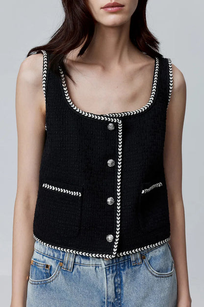 Hailey Contrast Trim Vest in Herringbone Tweed