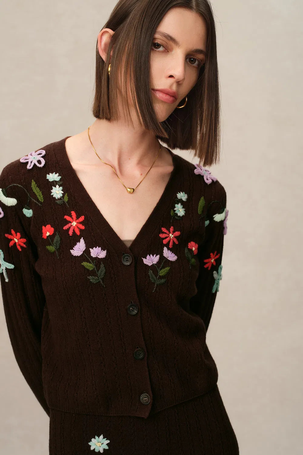 Christabel Floral Fitted Cardigan in Merino Wool Knit