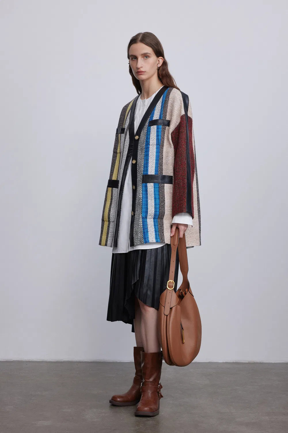 Artisanal Leather Accents Long Coat in Textured Tweed