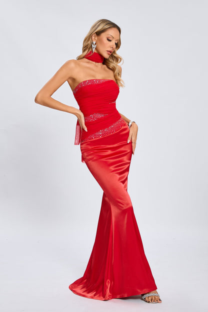 Jade Scarlet Radiance Straplez Maxi Elbise