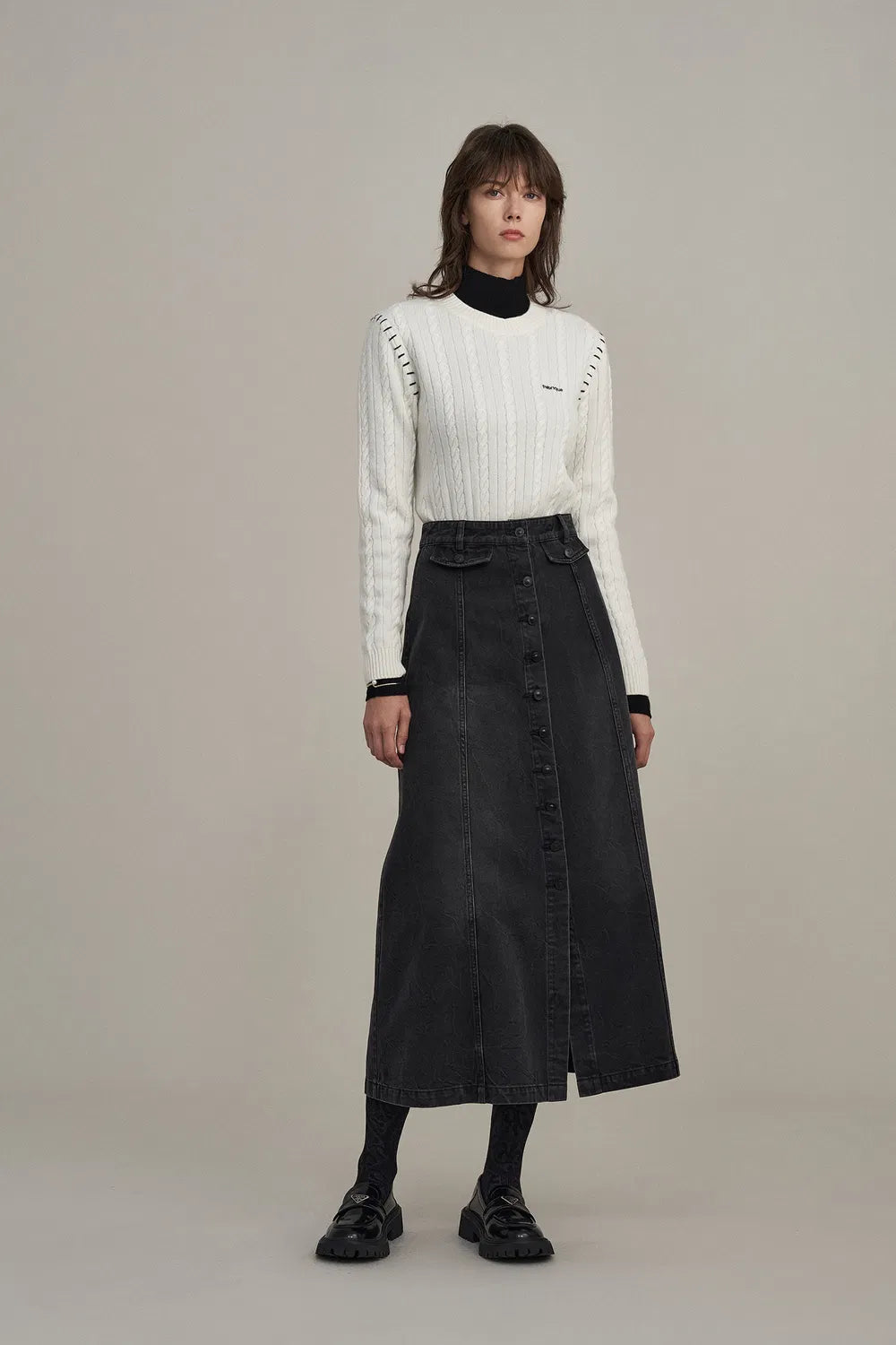 Corrine Midi Skirt in Washed Cotton Denim