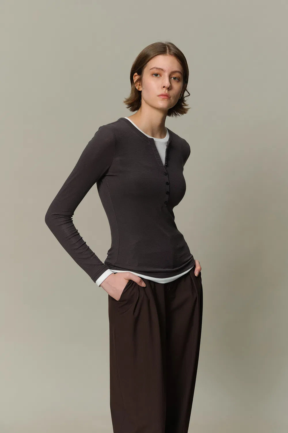 Henley Layered Long Sleeve Top in Tencel-Wool Knit