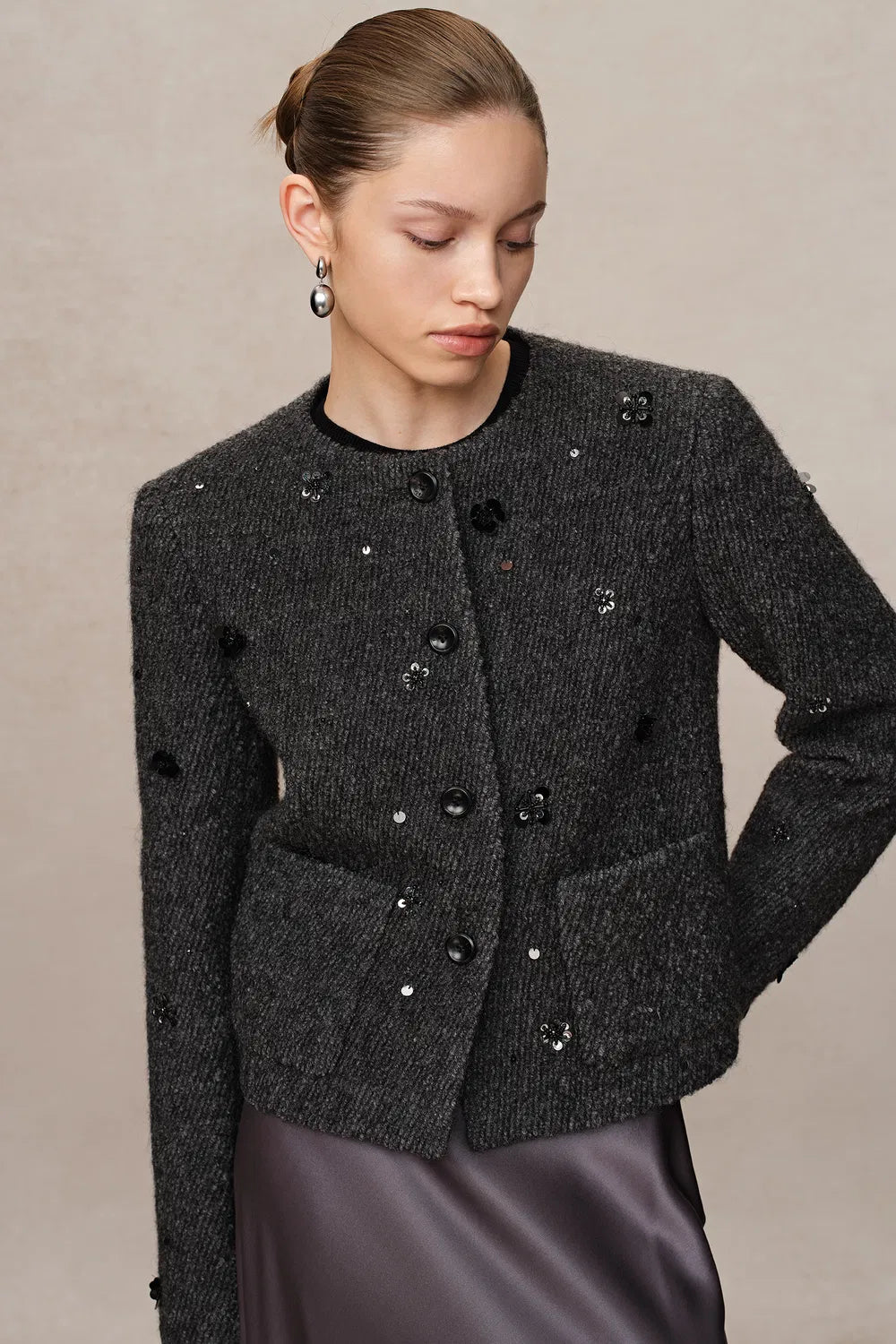 Frenchy Hand-Beaded Sequined Short Jacket in Wool Bouclé Twill