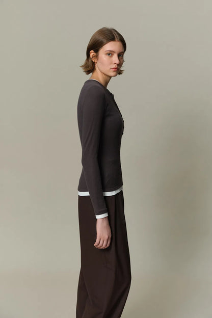 Henley Layered Long Sleeve Top in Tencel-Wool Knit